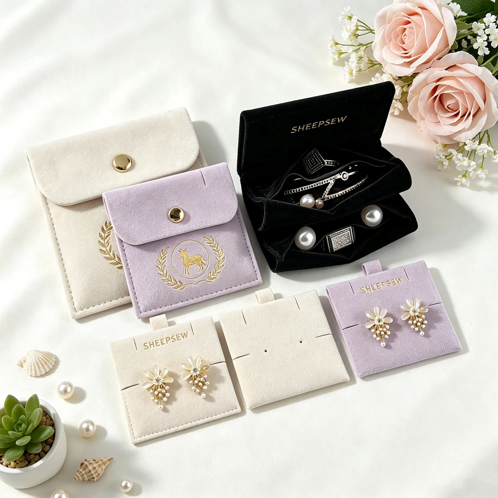 20/50/100Sets Personalized Logo Microfiber Velvet Jewelry Gift Bag Snap Button Packaging Pouch with Compartment Earrings Keychai