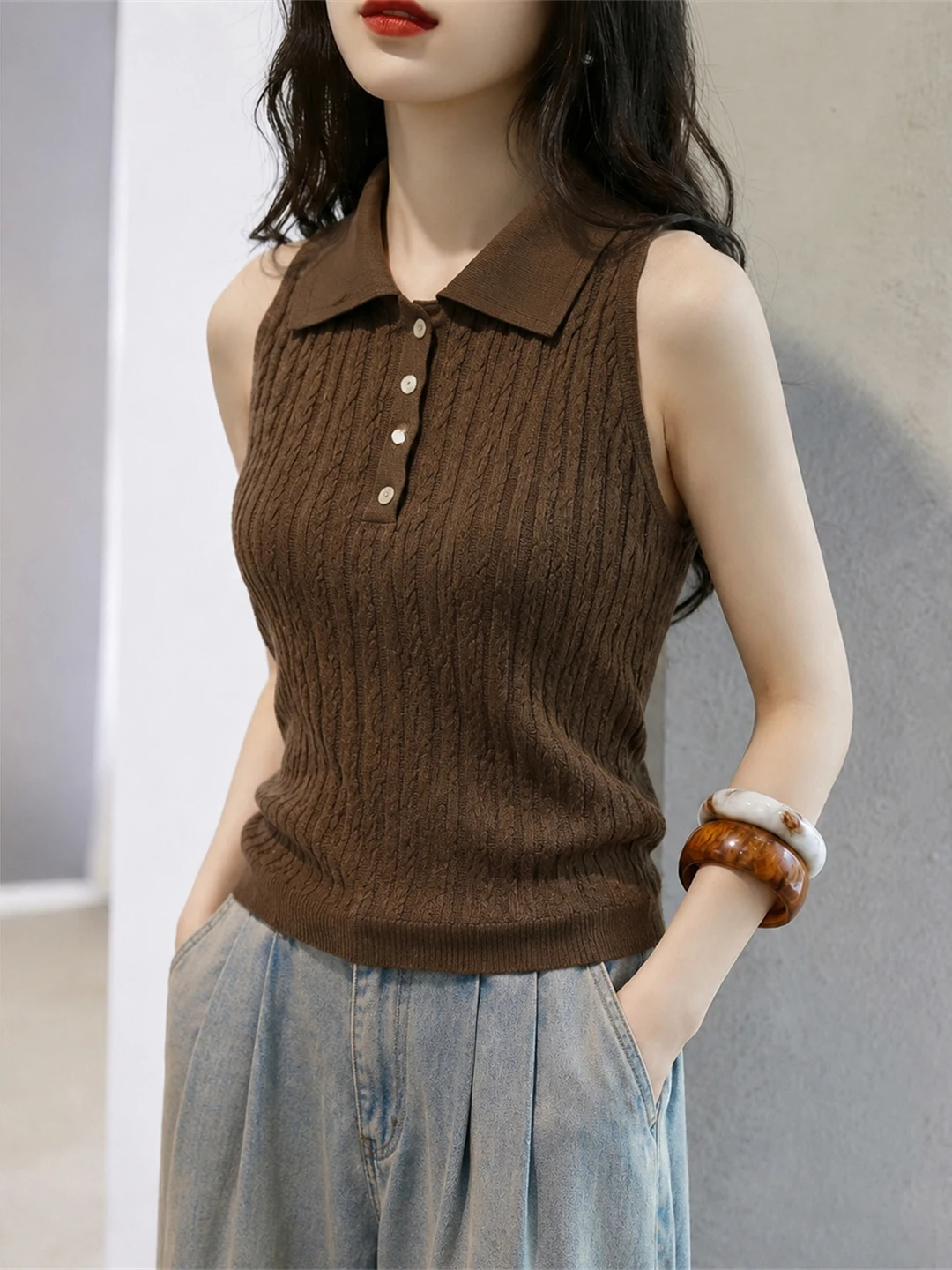 

Korean Style Half Open Ice Silk Neck Knitted Top Summer Vintage Sleeveless Straight Cut Commute Friendly Fashion Women's...