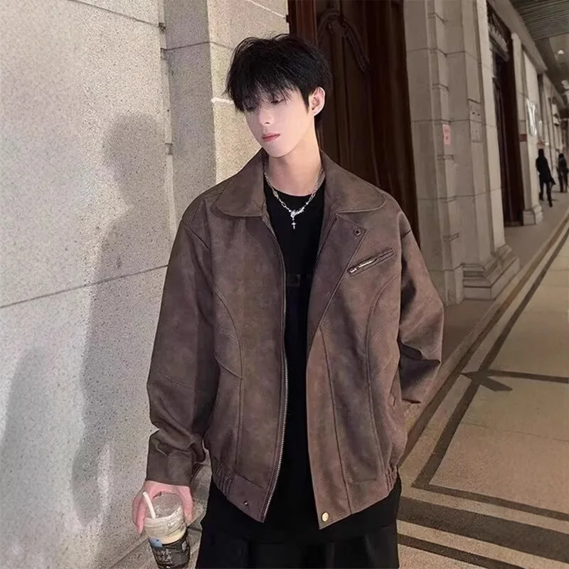 High-grade Sense of Baggy Lapel Handsome Biker Jacket Men's American High Street Trend Spring  Autumn Vintage Brown Leather Coat