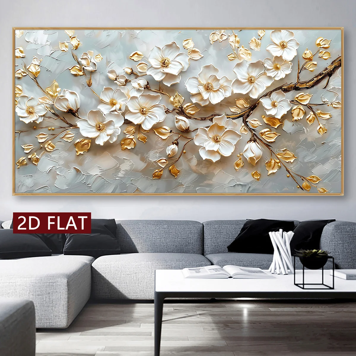 1pc Modern White and Golden Magnolia Flower Branch Wall Art Canvas Prints for Living Room Botanical Painting Home Decor 2D Flat