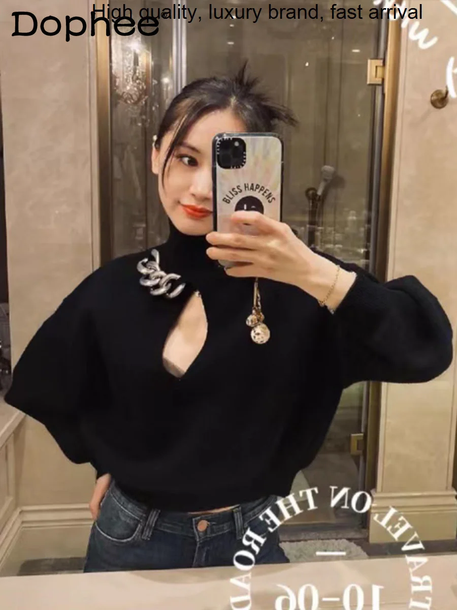 

Autumn Winter 2023 New High Neck Women Streetwear Chain Decoration Black Hollow Out Bottoming Shirt Knitwear Sweater Top