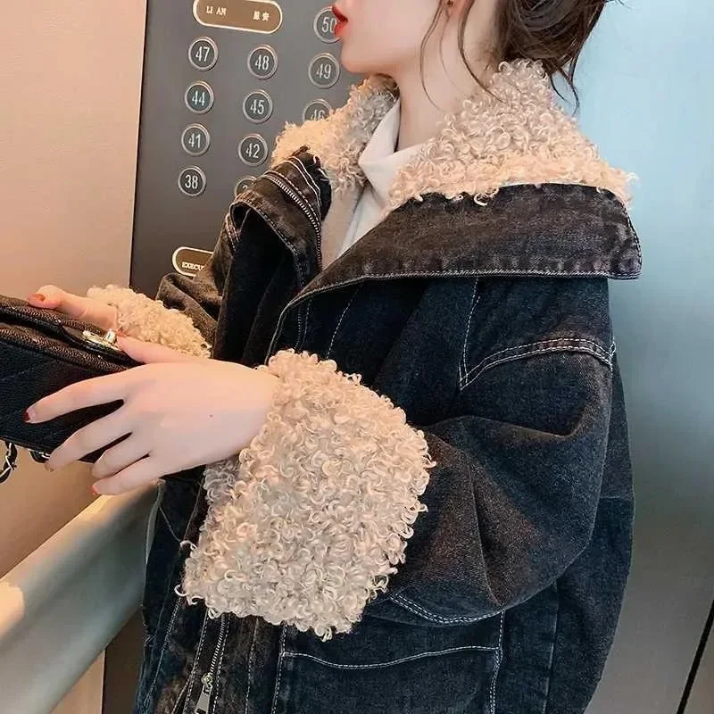 

Harajuku Denim Jackets Women Streetwear Vintage Fashion Lamb Wool Oversized Outwear 2024 Ropa Mujer Casual Thicked Warm Y2k Coat