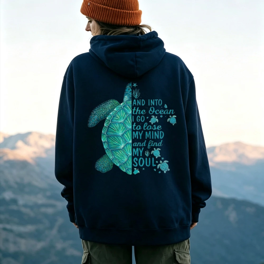 Sea Turtle and Into The Ocean I Go Quote Graphic Hoodie Ocean Wildlife Text Print Sweatshirt Beach Vacation Coastal Casual Tops
