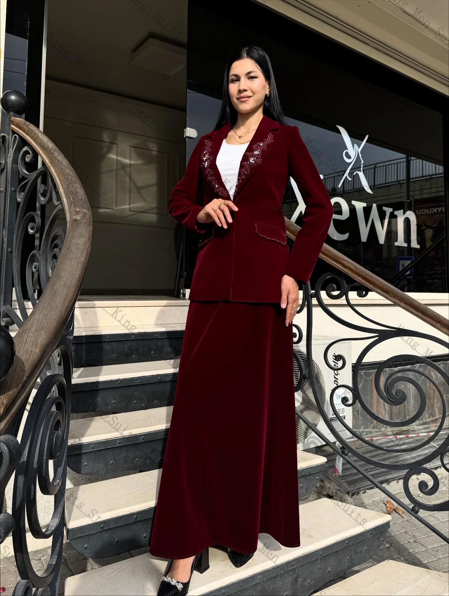 

Velvet Women Suit Set 2 Piece Crystals Blazer+Prom Dress Autumn Customized Formal Office Lady Guest Wedding Tuxedos Party Coat