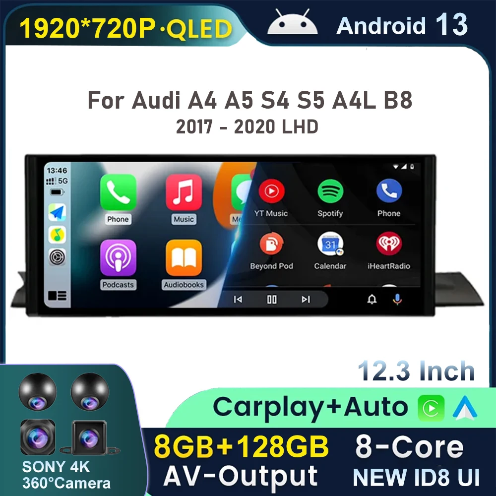 12.3'' Android 13 Car Multimedia For Audi A4 A5 S4 S5 A4L B8 2017-2020 GPS Navigation Radio Video CarPlay BT WIFI Stereo Player