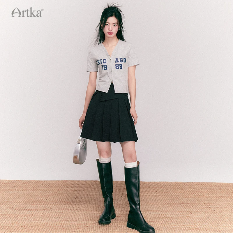 ARTKA 2025 Zomer Nieuwe Vrouwen Rok Fashion Casual Hoge Taille A-lijn Geplooide Rokken Zijgesp Zwarte Rok Vrouwelijke QA92137C