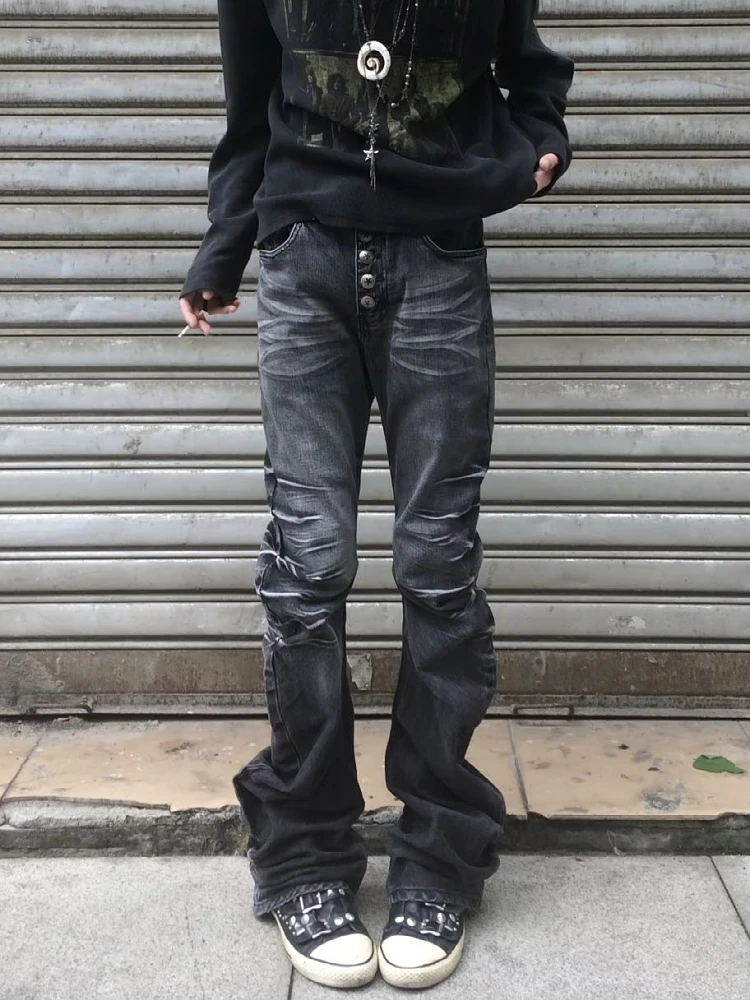

Retro Washed American High Street Men's Straight Leg Jeans Knife Casual Loose Fit Button Closure Denim Pants