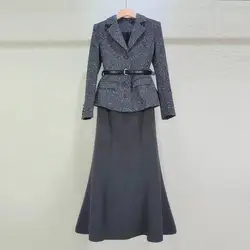 Luxury Tweed Long Dresses Women 2025 Spring Autumn Mixed Grey Full Sleeve Fishtail Prom Evening Dress Formal Occasions