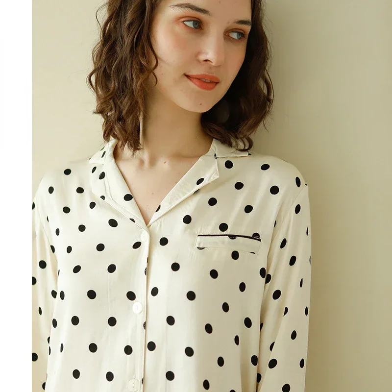 

Casual, Simple and Breathable Cotton Satin Yellow Background Polka Dot Women's Lapel Pajama Set for Casual Home Wear