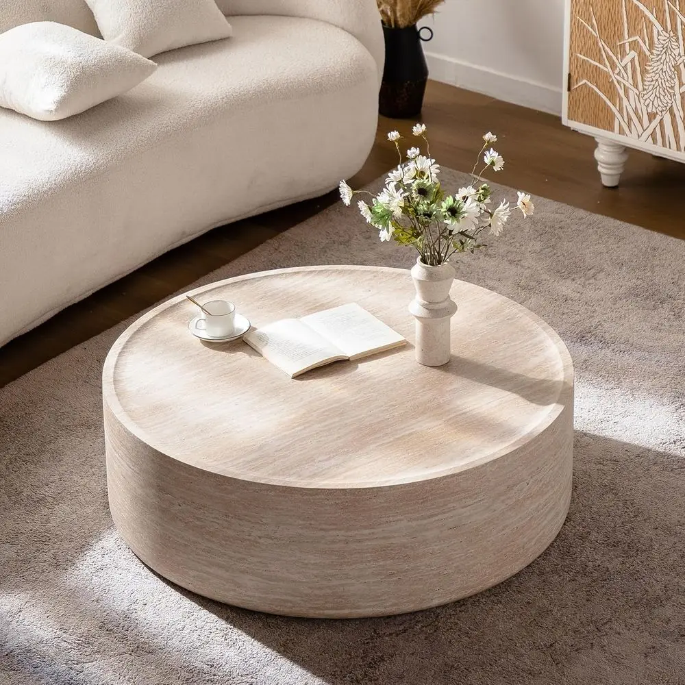 

39.37 Round Coffee Table, Modern Faux Marble Circle Drum Center Table Contemporary Minimalist Unique Coffee Table for Living Roo