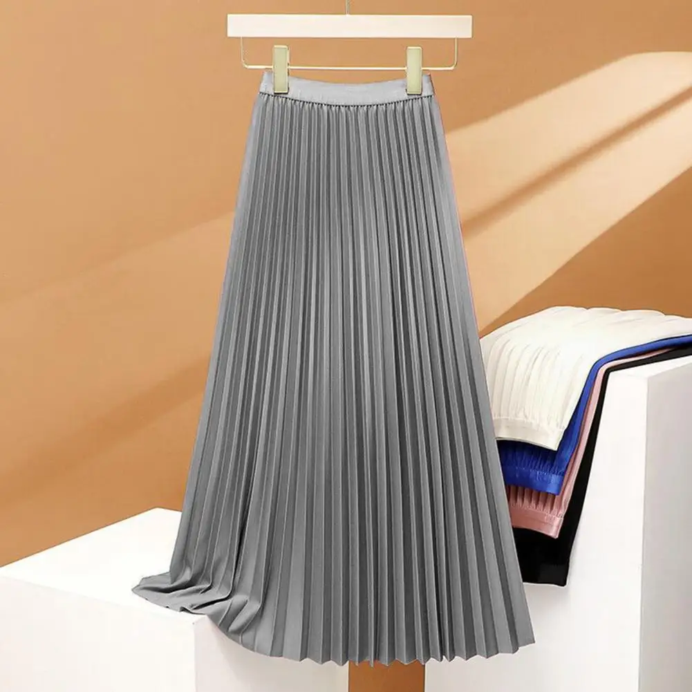 Women Maxi Skirt Elastic High Waist Pleated Skirt Solid Color Smooth Satin Long Skirts A-Line Skirt Work Leisure Wear