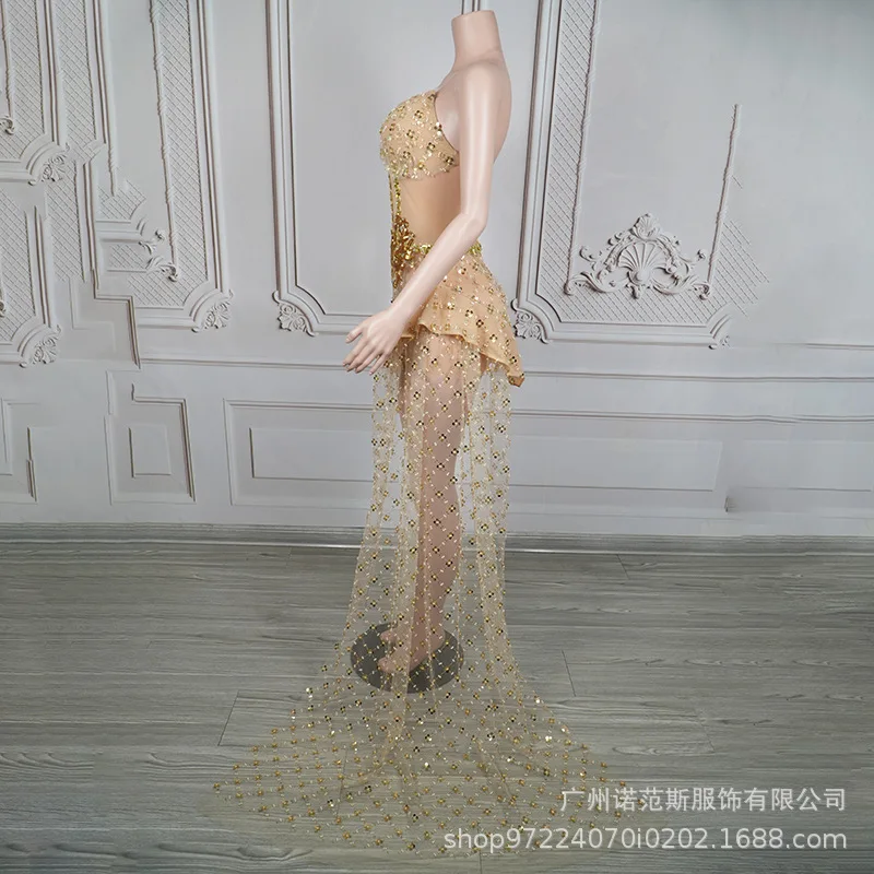 Luxe Gouden Diamant Mesh Trailing Temperament Korte Jurk Sexy Party Prestaties Kleding Vakantie Stijl Glanzende Jurk Sexy Jurken