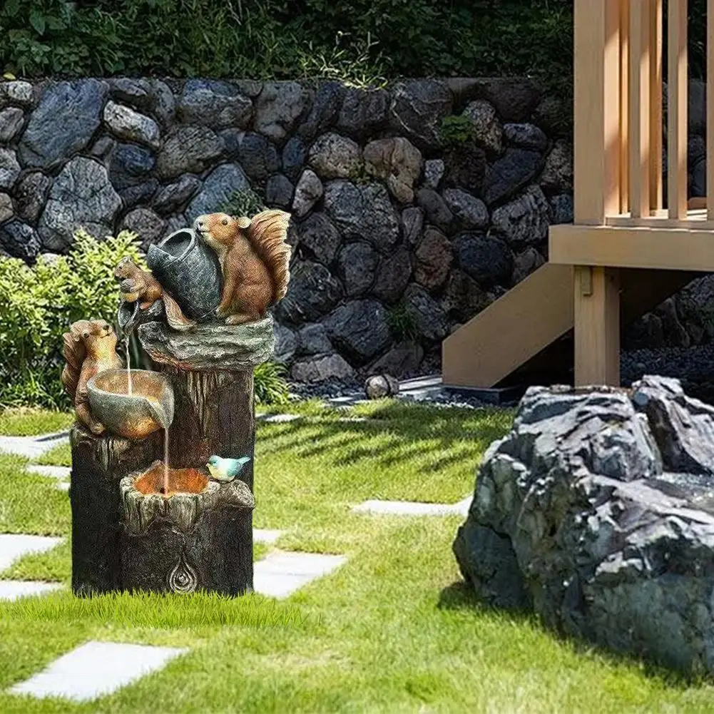 

Solar Power Resin Patio Fountain Garden Design With Led Light Duck Squirrel Garden Buildings Simulation Decoration Outdoor