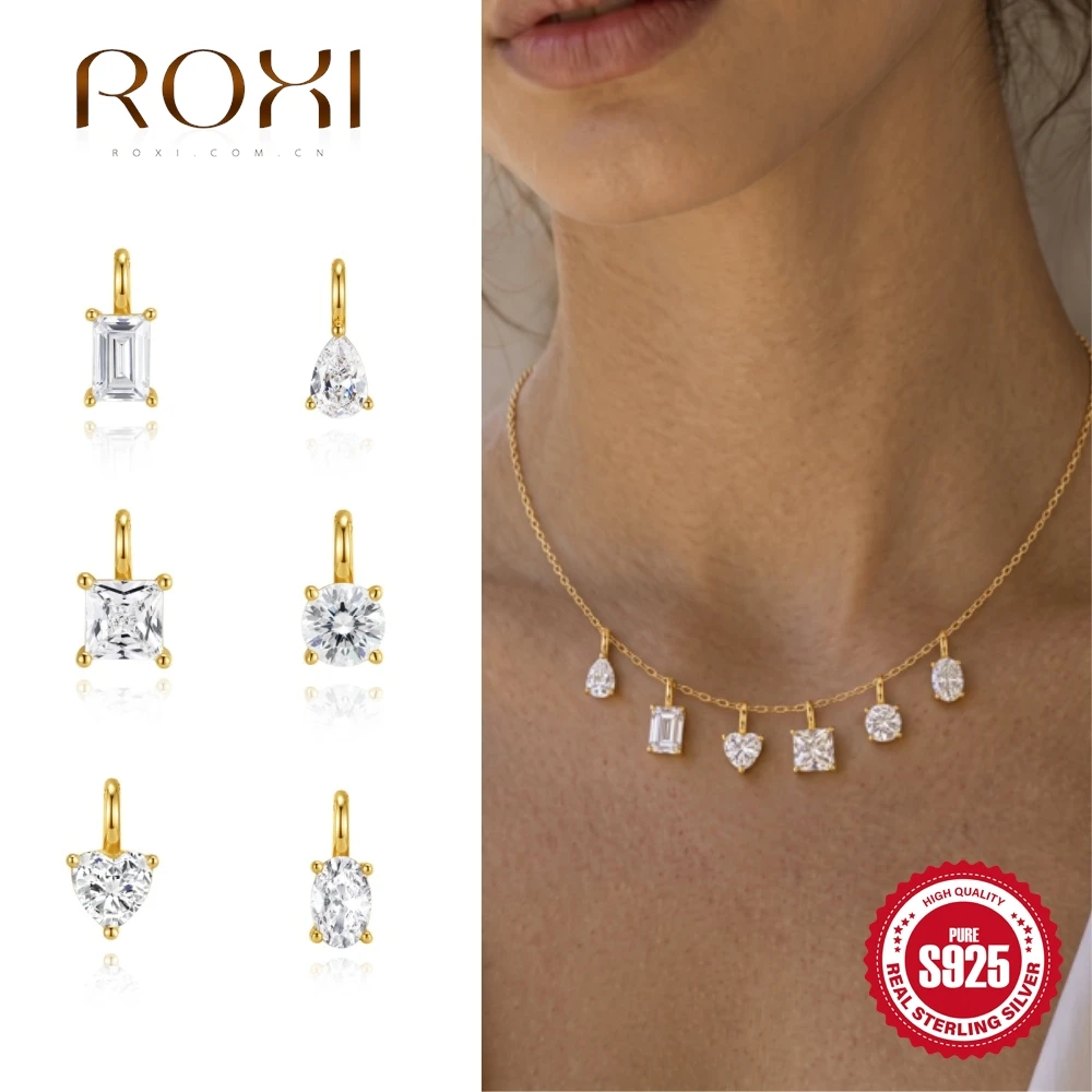 ROXI 1PC 925 Sterling Silver Geometric Large Zircon Charm Pendant Multi Shape Cubic Zirconia Pendant for Women Daily Wear Gift