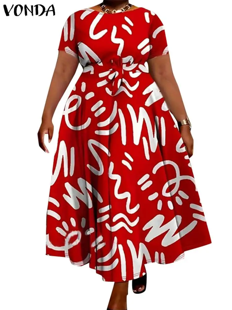 

Summer Maxi Long Dress 2024 VONDA Women Fashion Belted Short Sleeve Party Dress Vintage Printed Sundress Casual Vestidos Robe