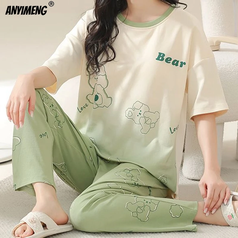 Plus Size M-5XL Leisure Sleepwear Korean Pijamas for Girl Summer Cotton Women Pajamas Set Women\'s Pajama Short Sleeves Nightwear