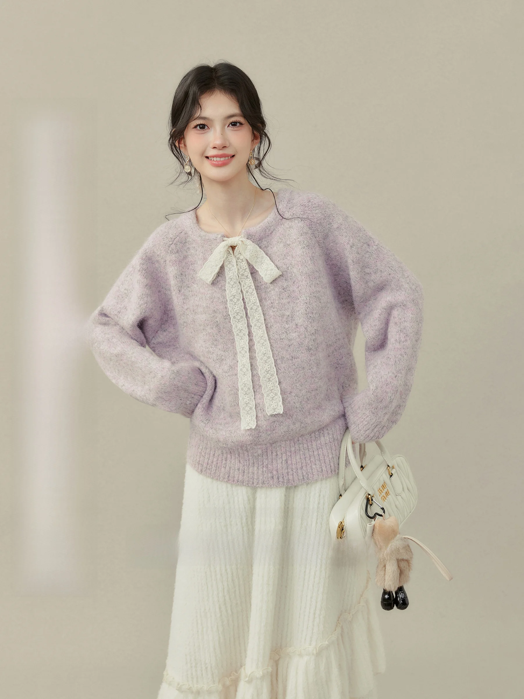 

Фиолетовый вязаный свитер с кружевными узлами для полных женщин, свободный крой, длинный рукав, топ для повседневной носки, чистый стиль, для электронной коммерции