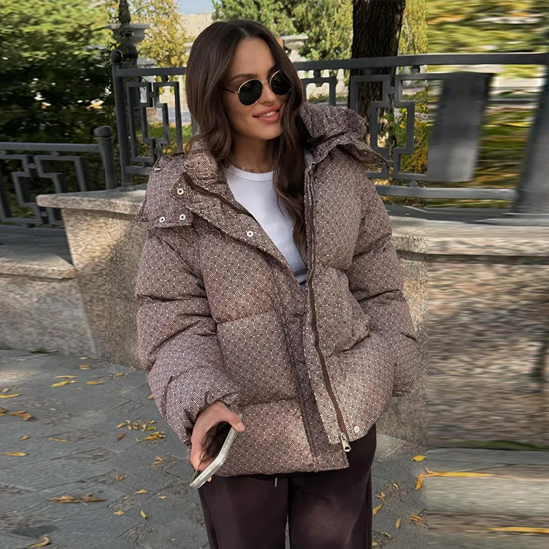 Bedruckte Damen-Pufferjacke mit Kapuze, Reißverschluss vorne, Langarmjacke, Oversize-Freizeitmantel, 2026, warme, modische Streetwear-Oberbekleidung – Detail 7