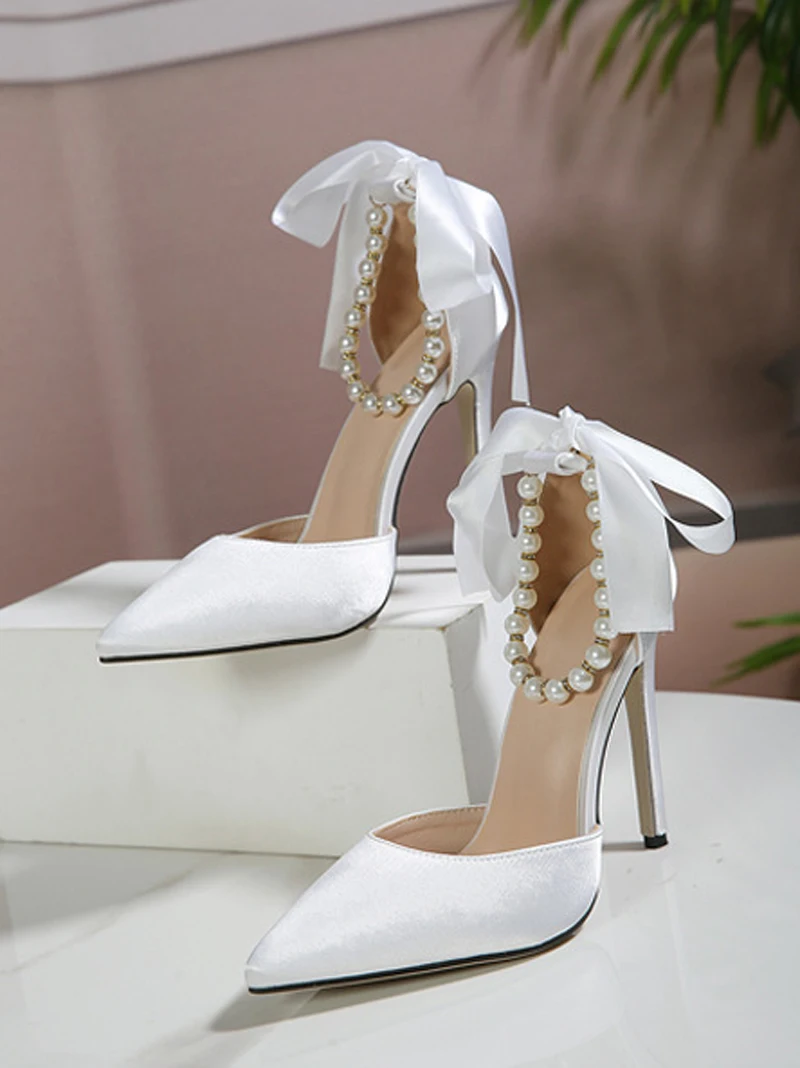 

Fashion Pointed Toe Stiletto Sandals Women Summer Pearl Silk Strap Pumps Sexy Bowknot 11CM High Heels White Party Shoes WSH5624