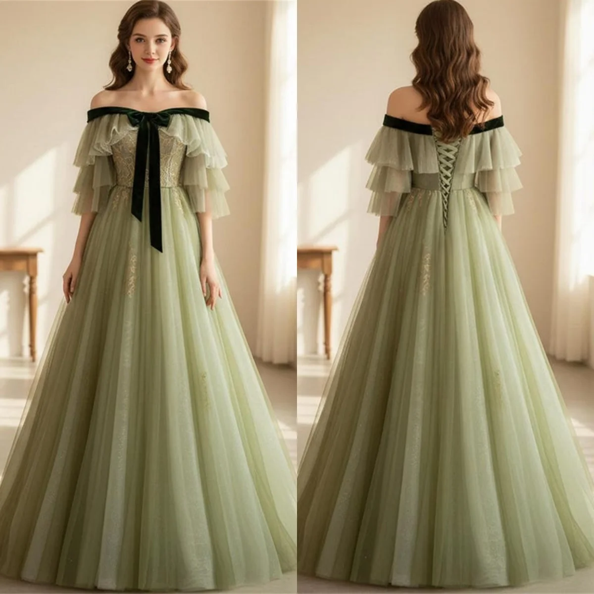 

Sage Green Off the Shoulder Elegant Evening Dresses With Velvet Bow Flare Sleeve A-line Prom Dress Lace Chic Anniversary Gowns