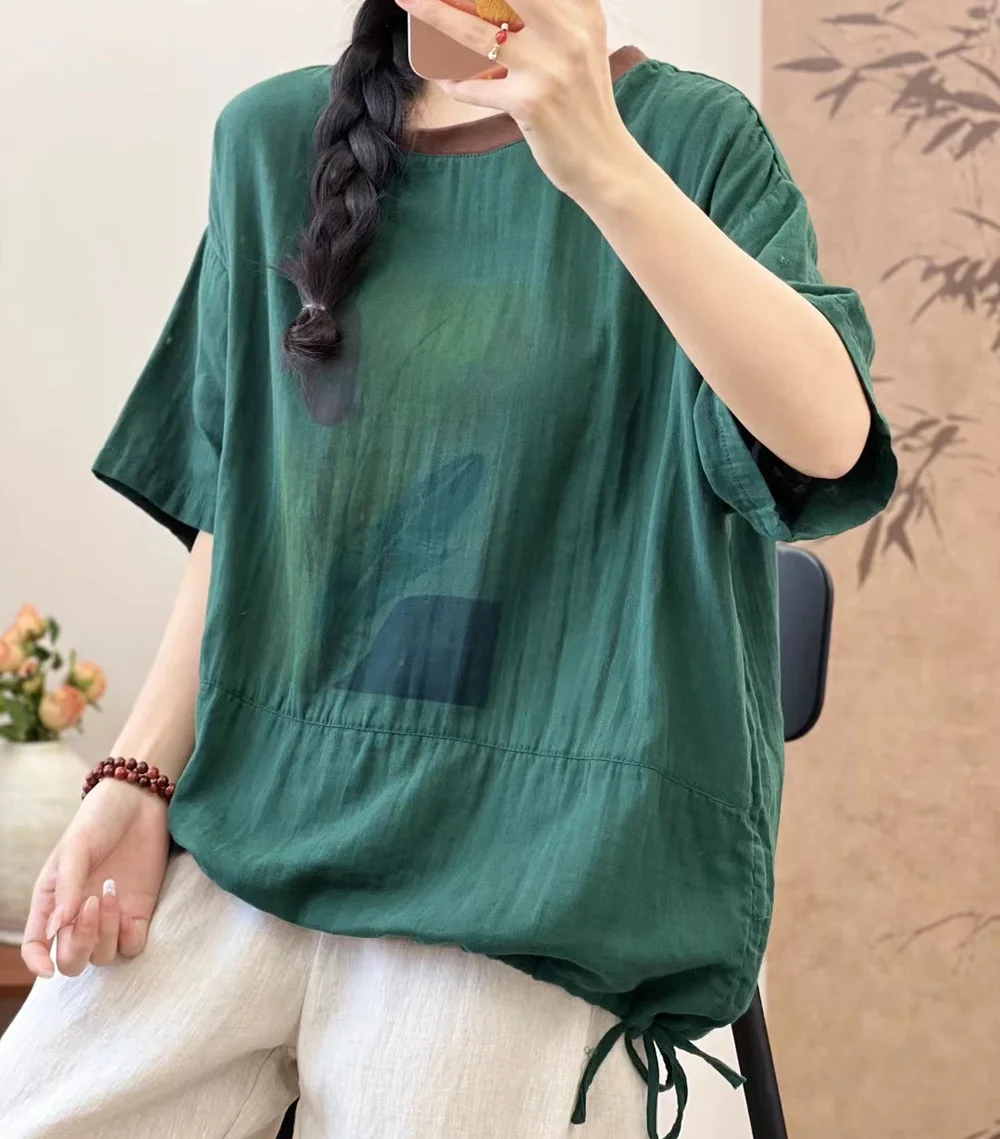 100% Cotton yarn summer short sleeve shirts women feather print t shirt chubby women's blouses plus size women's clothing