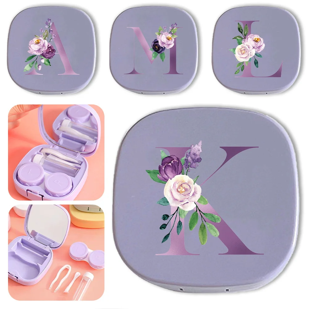 

Meitong Box With Mirror Organizer Portable Contact Lens Case Pocket Durable Beauty Pupil Box Travel Set Purple Letter Pattern