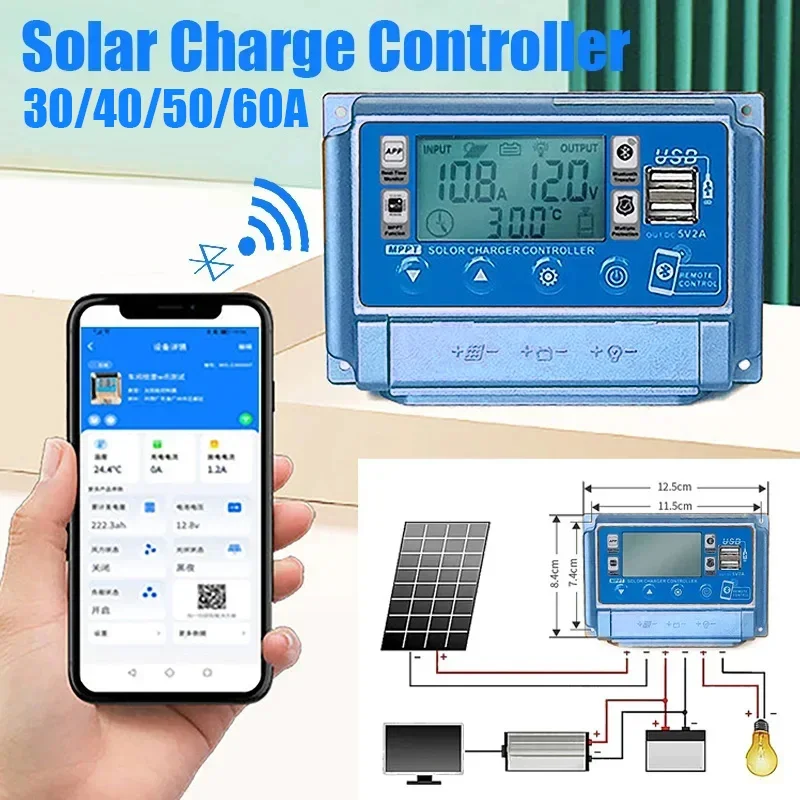 30A/40A/50A/60A bluetooth Solar Panel Controller 2 USB Digital Display LCD Screen MPPT Solar Panels Battery Charge Controller