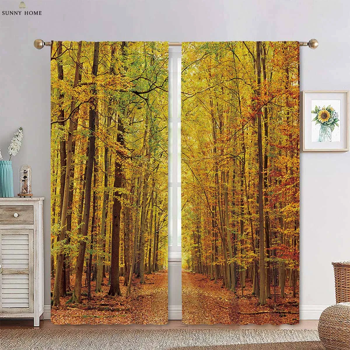 

2pcs Autumn Forest Green Scenery 3D Printed Curtains Bedroom Study Living Room Decorative Curtain Rod Pocket