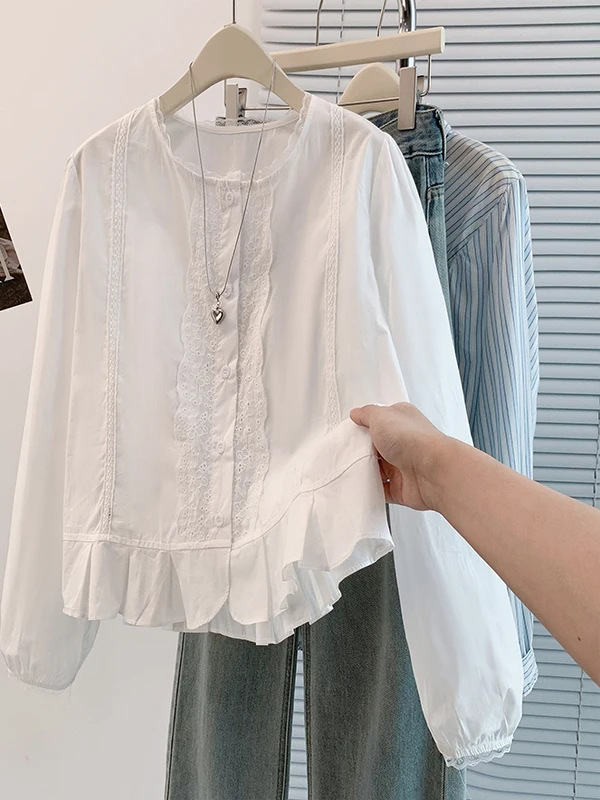 

Длинный хлопковый топ с рюшами по подолу и кружевным воротником-стойкой, женский осенний повседневный топ прямого кроя, устойчивый к деформации