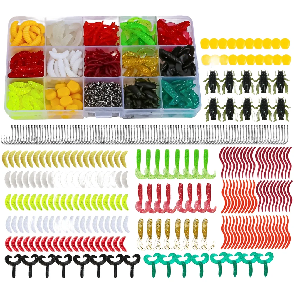 330pcs Soft Fishing Bait Collection in 15-Partition Tackle Box for Bass Trout and Routine Freshwater Excursions