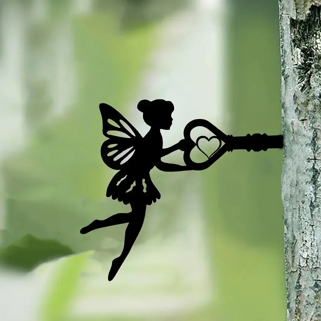 1pc Angel On Branch Steel Silhouette Metal Wall Art Home Garden Yard Patio Statue Stake Decoration Perfect For Birthdays