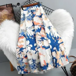 Elegant Classic Floral Slim A-line Skirt Women High Waisted Tie Dye Printing Elasticity Fashion Casual All-match Lady Midi Skirt