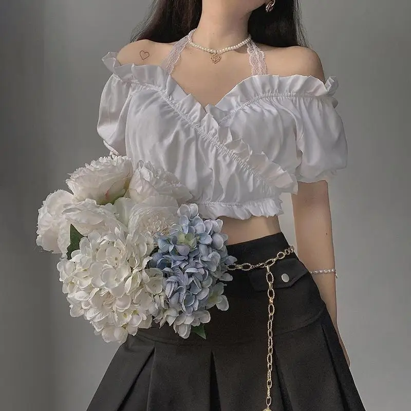 

Blouse Women Leisure Solid All-match Slash Neck Lace Temperament Slim Autumn New Stylish Female Cropped Korean Style Cozy Simple