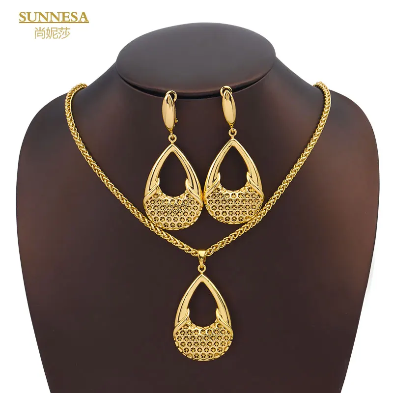 

SUNNESA Italian 18k Gold Plated Jewelry Set for Women Party Gift Geometric Hollow Pendant Necklace African Drop Earrings