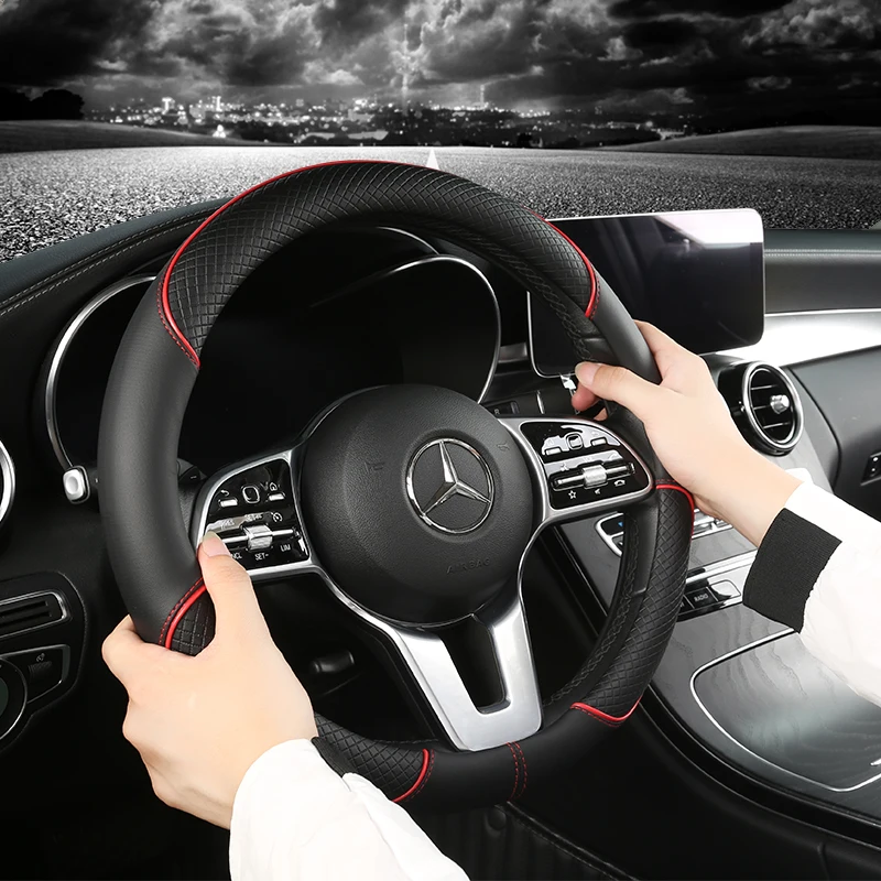 All Seasons Leather Diamond Steering Wheel Cover Universal Fit for 14 .5-15 Inch Durable Leather Cover Anti-Slip Veins Design