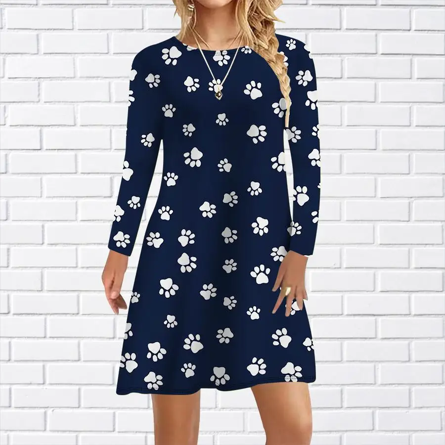 เดรสลายรอยเท้าแขนยาวสำหรับผู้หญิง สไตล์ลำลอง ออกงาน ฤดูใบไม้ร่วง ฤดูหนาว คอกลม ทรงหลวม ทรงเอ ไซส์ใหญ่ เดรสฤดูใบไม้ผลิสำหรับผู้หญิง