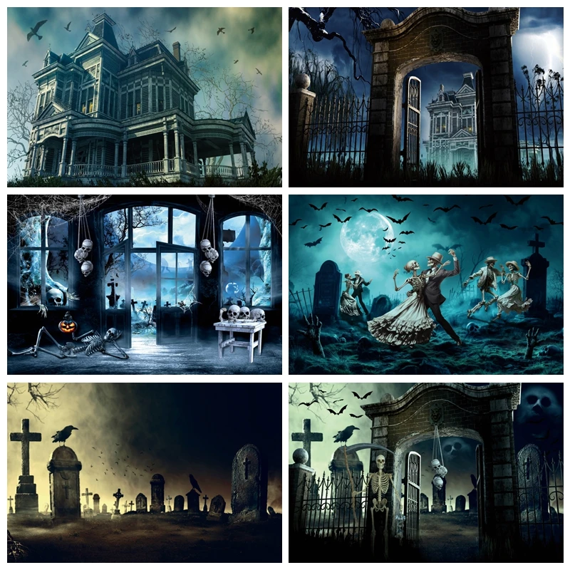 

Horror Castle Halloween Photography Backdrop Horror Forest Full Moon Night Pumpkin Lantern Tombstone Halloween Photo Background