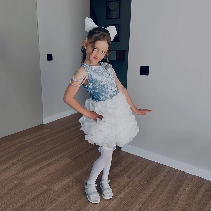 

Eightree Customized Flower Girl Dress For Wedding Pearls Sleeveless Knee Length Flower Kids Birthday Party First Communion Gown