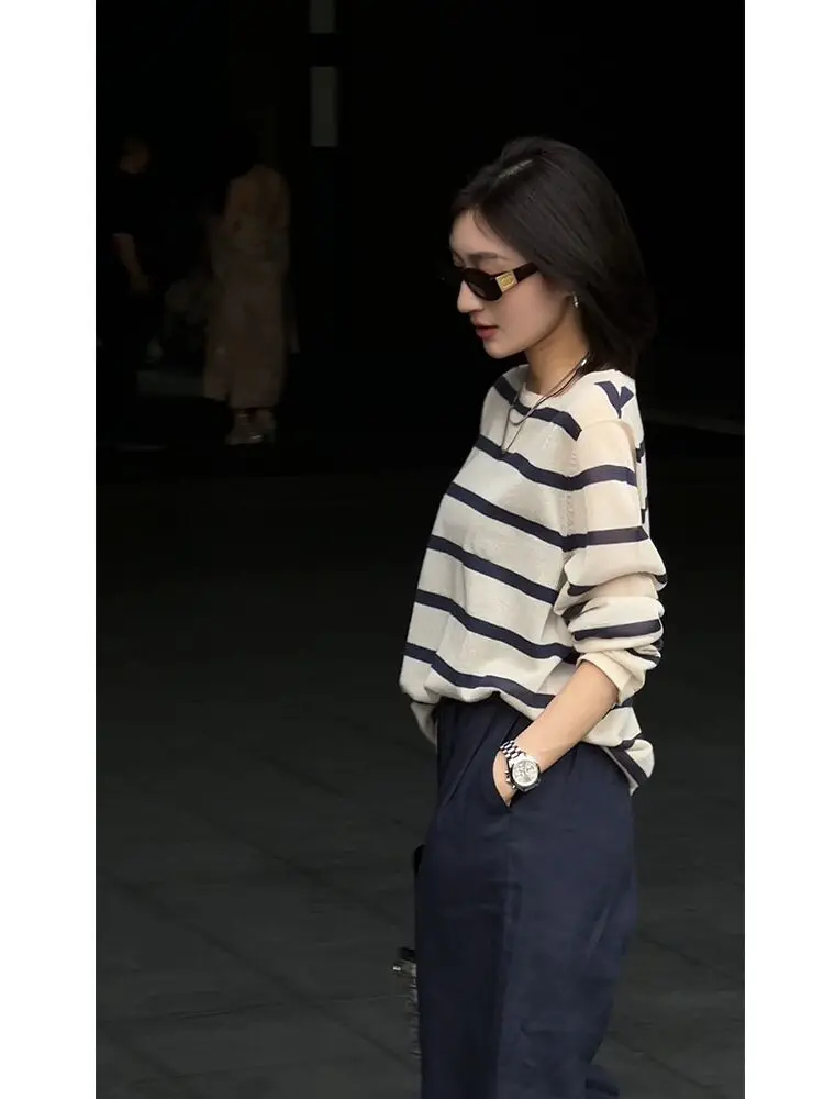 

Льняной трикотажный топ в полоску с круглым вырезом, дышащий, для защиты от солнца, для повседневной носки, из регенерированного волокна, однотонный