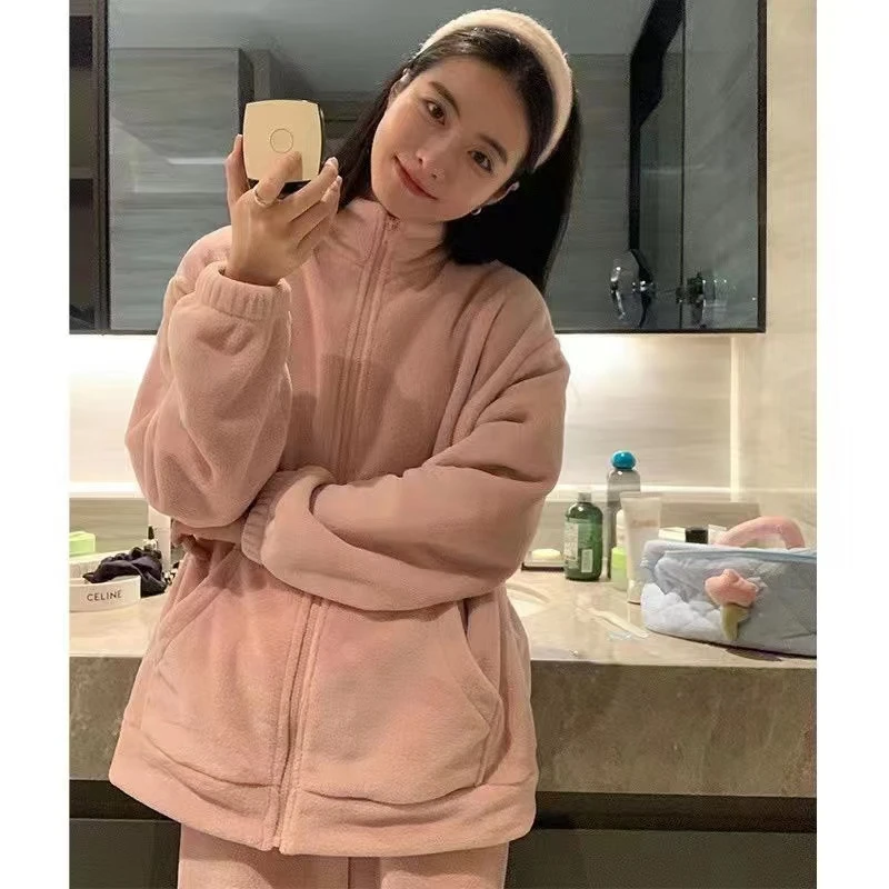 Autumn Winter Zipper Pajamas Set Women Loungewear Warm Sleepwear Home Suits soild casual Ladies Flannel Plush Lounge Sleep Wear