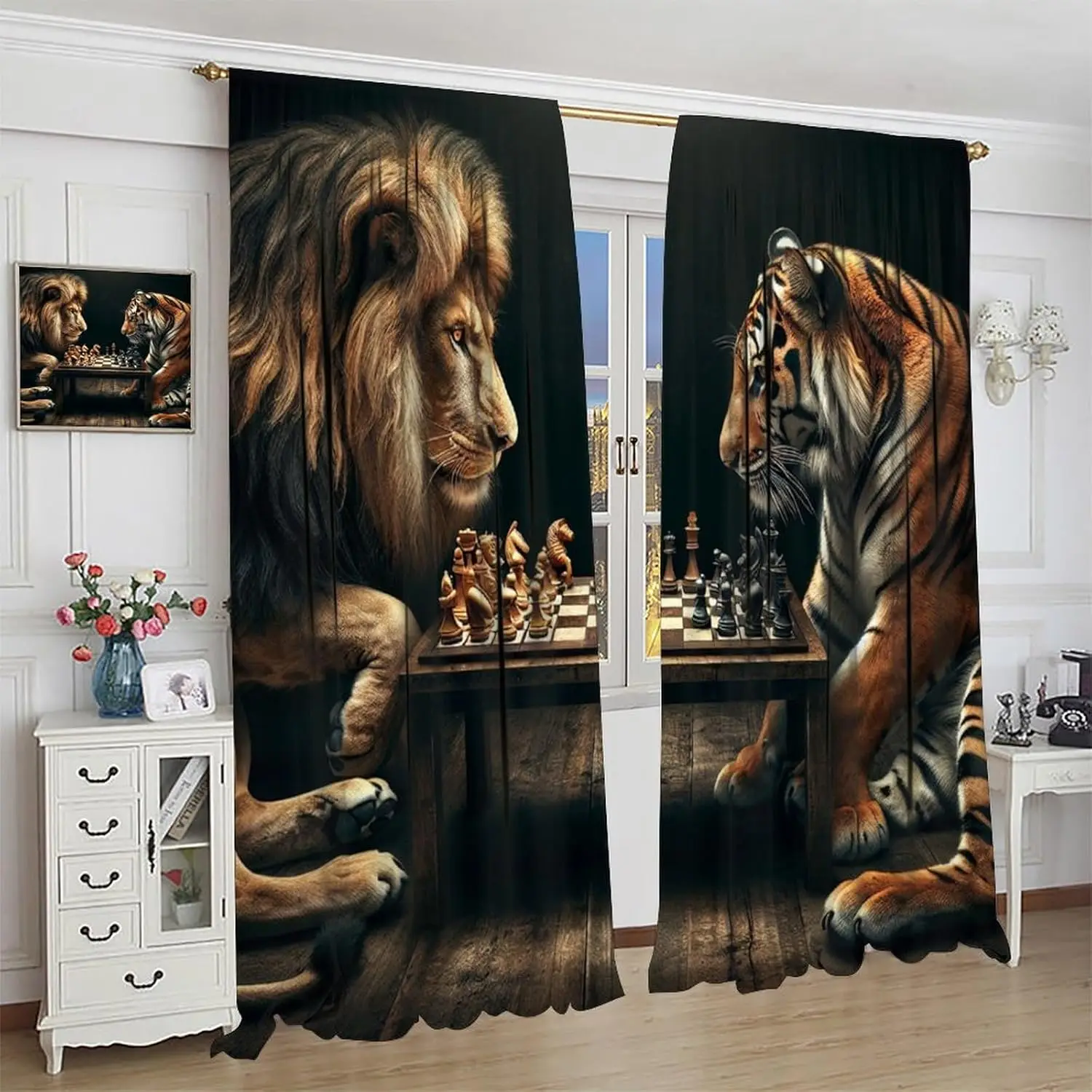 Jungle Animals Curtains, Lion Tiger Playing Chess Game Window Treatments, Rod Pocket Thermal Insulated Drapes 2 Panel Sets for