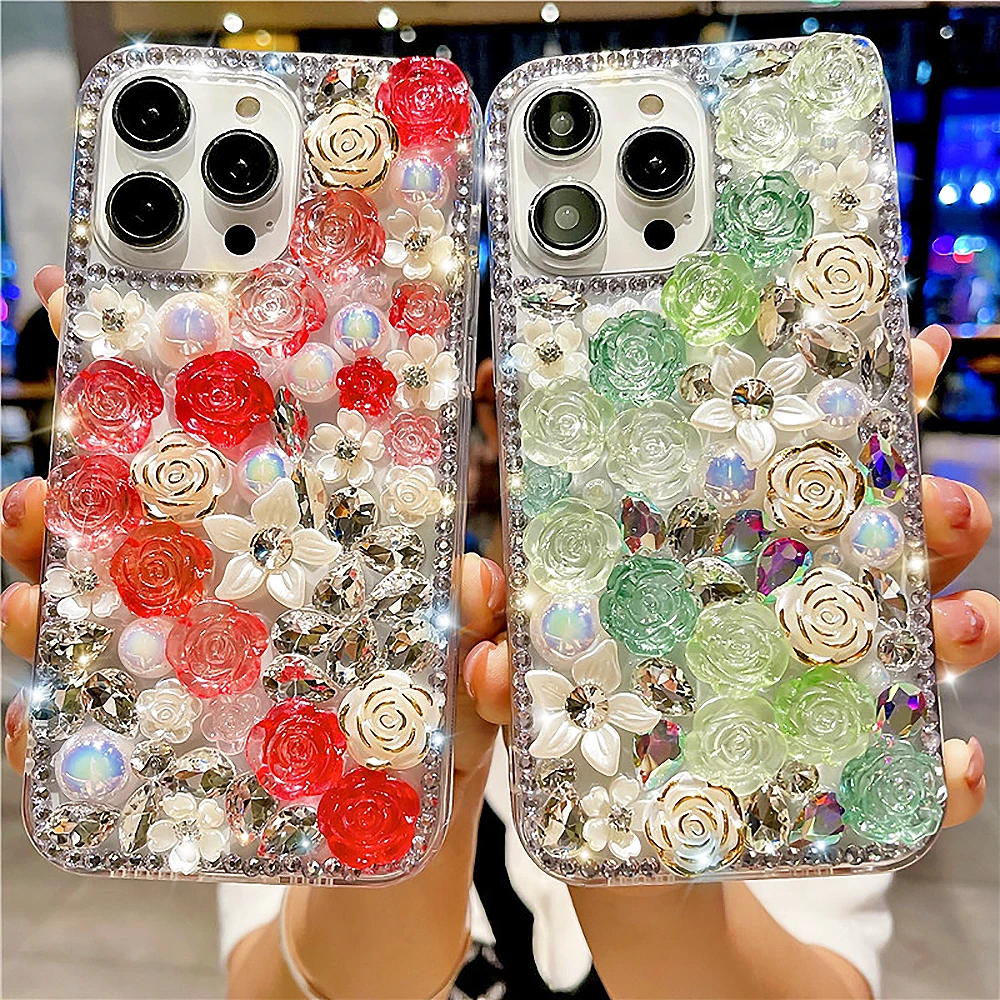 Fantasy Gradual Rose Diamond Pearl Flower Phone Case For Samsung S23 S22 S21 S20 FE Ultra Plus Note 10 20 Pro A 52 A72 53 A54