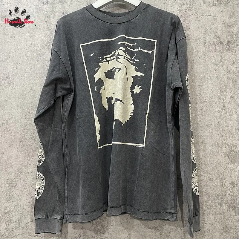 جديد غسلها سانت كم طويل تي شيرت الرجال امرأة المتضخم زوجين عادية الربيع الصيف التالفة الجولة الرقبة بلايز المحملة الموضة