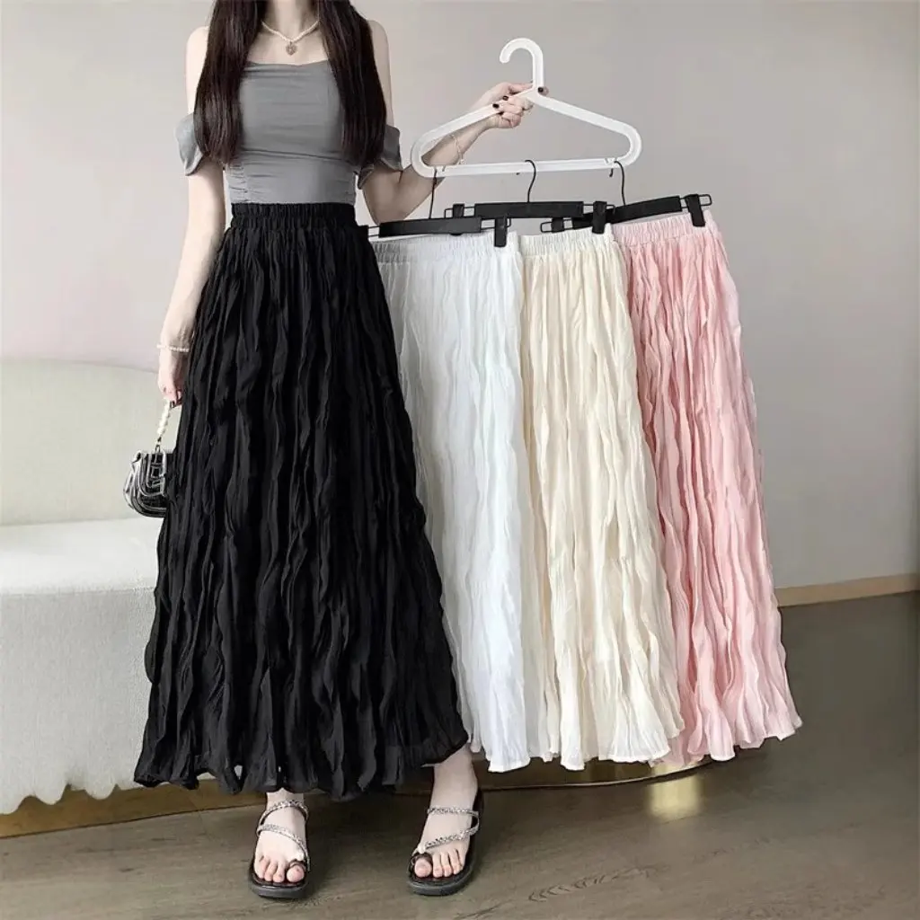 

Women's High Waist A-Line Skirt White Elastic Waist Casual Temperament Long Skirt Trendy Summer