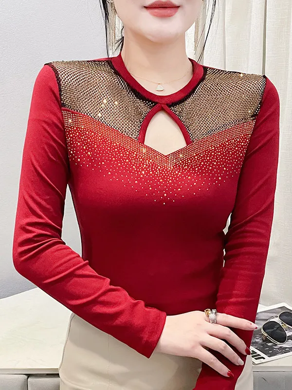 Slim Fit Hollow out round Neck Long Sleeve T-Shirt Women's Fashionable Drill Detail Pure Color Top for Autumn 2026