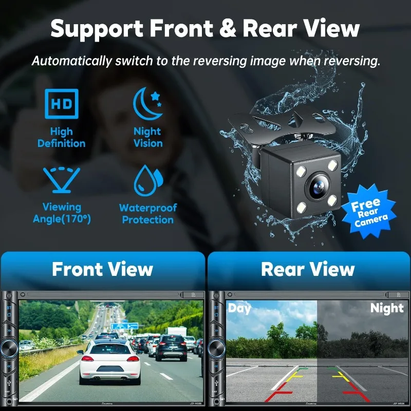 Mise à niveau du autoradio double Din sans fil avec Carplay, Android Auto, Bluetooth, RCA 4 canaux, haute puissance, 2 ports de caisson de basses, 7" H