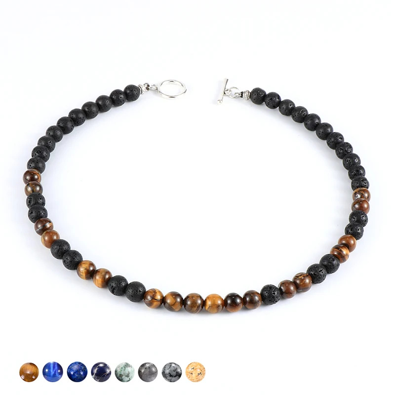 

18 Styles 8mm Natural Stone Hematite Turquoises Tiger Eye Beads Necklace For Man Choker Necklaces 18/20 Inch Alloy OT Buckle