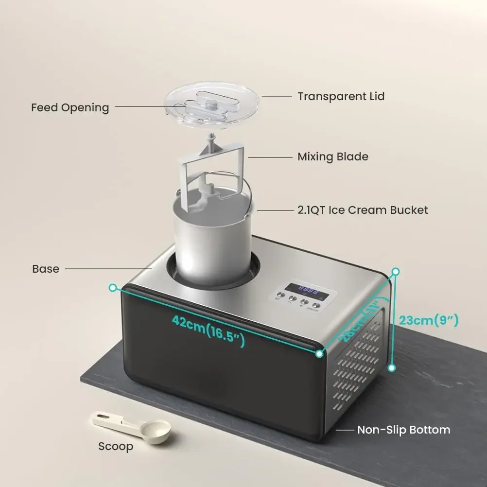 เครื่องทําครีมพร้อมคอมเพรสเซอร์ 2.1 Quart เครื่องทําไอศกรีมอัตโนมัติพร้อมคอมเพรสเซอร์ 3 โหมดเครื่องทําไอศกรีมไฟฟ้าไม่มีล่วงหน้า