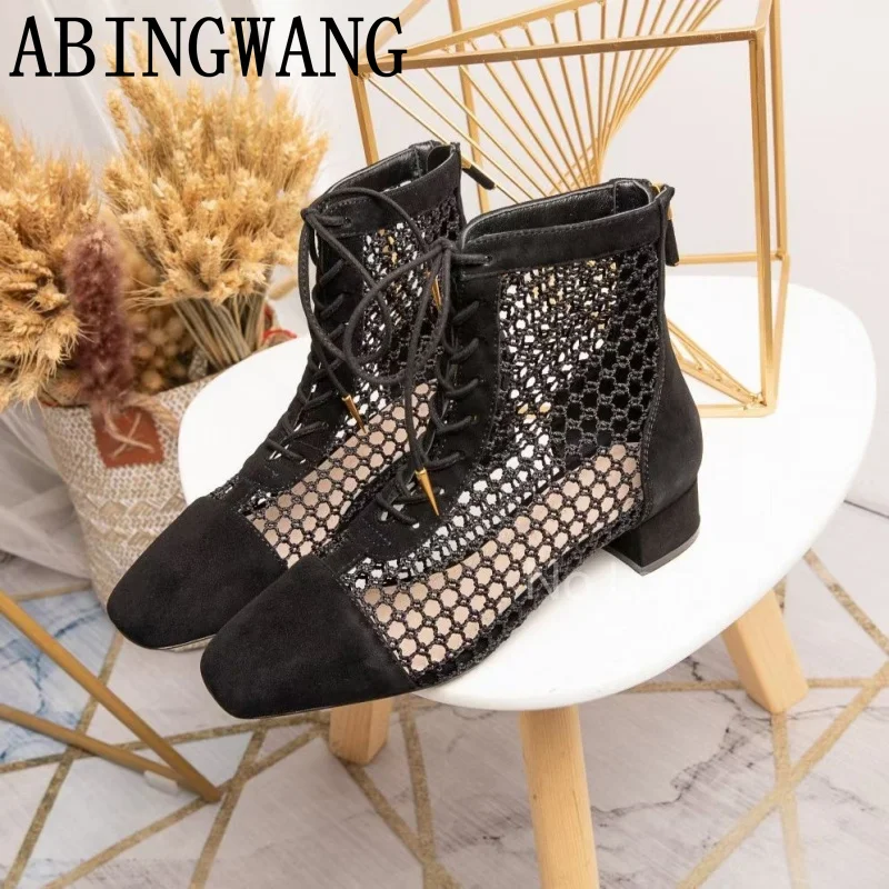 2026 Summer New Suede Mesh Hollow Out Breathable Square Heel Round Toe Lace Up Ankle Boots for Women Sexy Ladies Boots Mujer