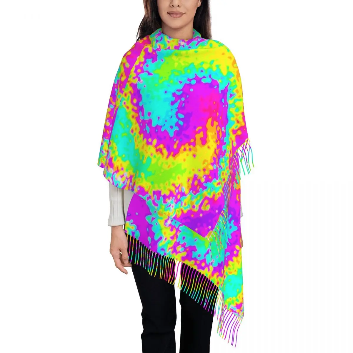 

Yellow Tie Dye Scarf with Tassel Psychedelic Print Warm Soft Shawl Wrap Womens New Design Scarves Wraps Winter Casual Bufanda